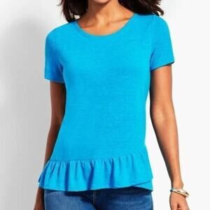 Talbots Size Medium Linen Blend Short Sleeve Ruffle Hem Tee Top Blue